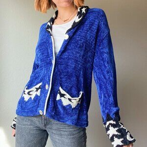 Vintage Co & Eddy Blue Chenille Button Up Cardigan w/ Star Moon Print Trim